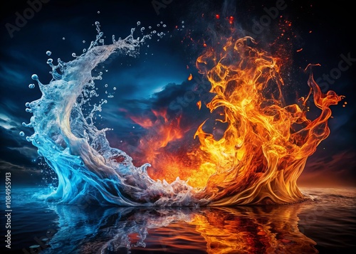 Flowing Fire and Water Merging in Harmony: A Captivating Representation of Elemental Contrast and Energy, Showcasing the Beauty of Nature's Dual Forces in a Stunning Visual Display photo