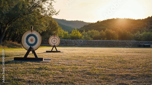 A minimalist archery range set against a backdrop of tranquil nature, Archery gear neatly displayed, Outdoor sporting style photo