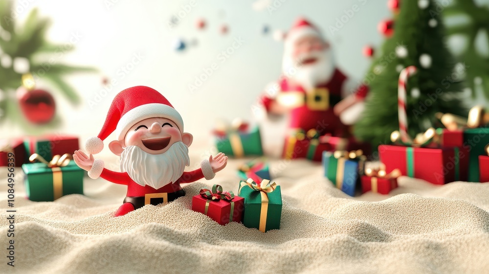 Cheerful Festive Scene Featuring Elves Joyfully Burying Colorful Gifts in Soft Sand, Perfect for Holiday Celebrations and Seasonal Decorations Cheerful Festive Scene Featuring Elves Joyfully Burying Colorful Gifts in Soft Sand, Perfect for Holiday Celebrations and Seasonal Decorations