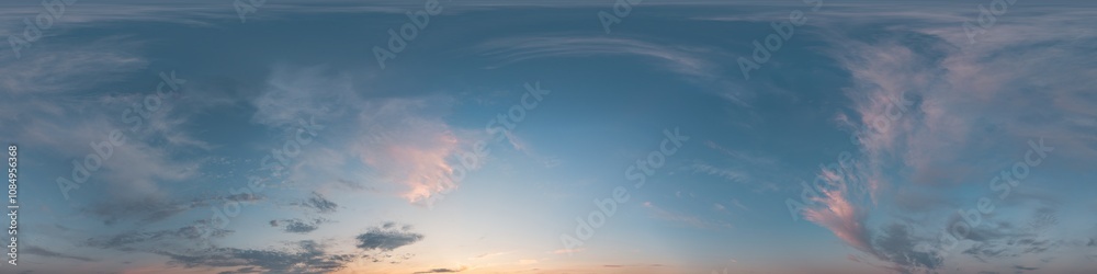 Obraz premium Sky 360 panorama - Bright blue sky filled with fluffy white Cumulus clouds. Seamless hdr spherical 360 panorama. Sky dome, sky replacement for aerial drone 360 panoramas. Weather and climate change