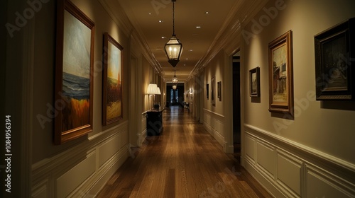 A Long Hallway with Paintings and a Chandelier photo