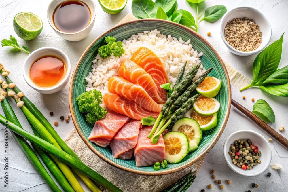 High Protein Dinner Ingredients Featuring Salmon, Tuna Sashimi, Cooked Shrimps, Clams, Brown Rice, Asparagus, Spinach, and Olive Oil on a White Background with Copy Space High Protein Dinner Ingredients Featuring Salmon, Tuna Sashimi, Cooked Shrimps, Clams, Brown Rice, Asparagus, Spinach, and Olive Oil on a White Background with Copy Space