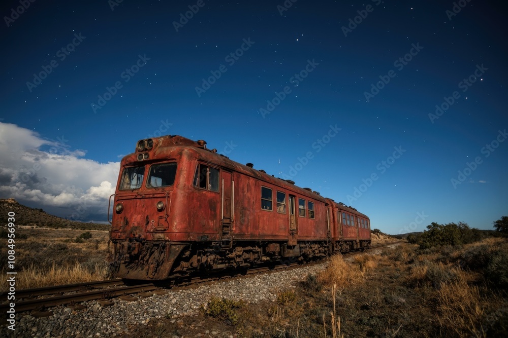 Fototapeta premium Vintage Red Train Under Starlit Night Sky, Perfect for Nostalgic Wall Art or Home Decor