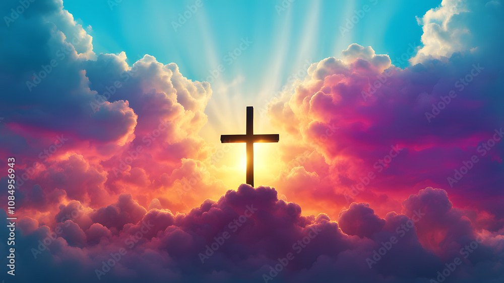 A cross is in the sky above a colorful cloud A cross is in the sky above a colorful cloud