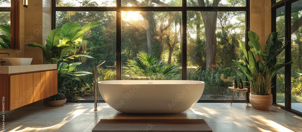 Modern bathroom with freestanding bathtub and large windows overlooking lush greenery.