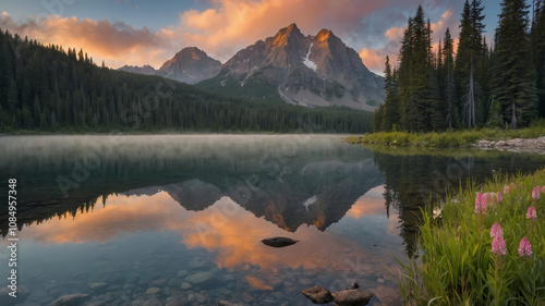 Stunning Panoramic Landscape of Majestic Mountains and Tranquil Lake at Golden Hour