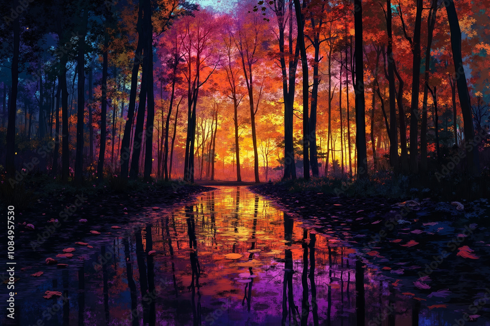 Obraz premium A painting of a forest with a river in the middle of it