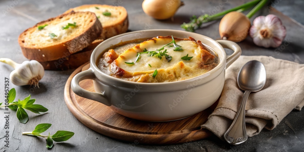 Minimalist French Onion Soup with Melted Cheese and Toasted Bread in a Bowl, Capturing the Essence of Comfort Food in a Simple Yet Elegant Presentation Minimalist French Onion Soup with Melted Cheese and Toasted Bread in a Bowl, Capturing the Essence of Comfort Food in a Simple Yet Elegant Presentation