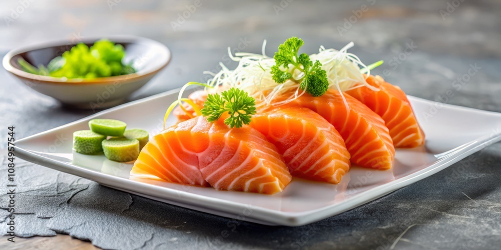 Minimalist Food Photography of Fresh Salmon Sashimi on a Plate, Highlighting the Delicate Texture and Vibrant Color of the Fish for Culinary Enthusiasts and Food Lovers Minimalist Food Photography of Fresh Salmon Sashimi on a Plate, Highlighting the Delicate Texture and Vibrant Color of the Fish for Culinary Enthusiasts and Food Lovers