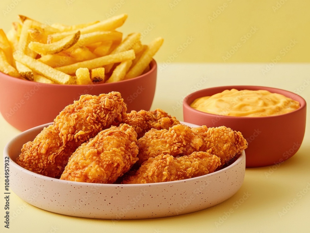 Crispy chicken tenders and fries fast food restaurant food photography bright yellow background close-up delicious indulgence Crispy chicken tenders and fries fast food restaurant food photography bright yellow background close-up delicious indulgence