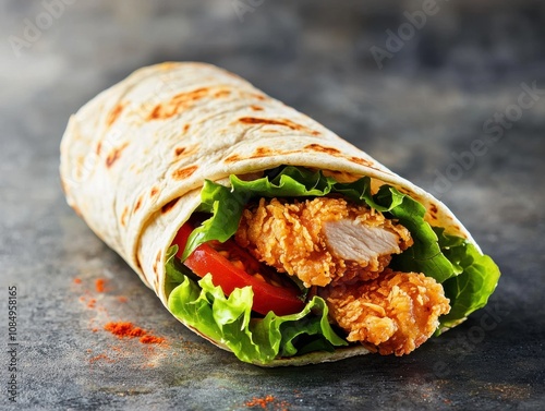 Crispy chicken wrap creation kitchen food photography indoor close-up culinary delight with fresh ingredients photo