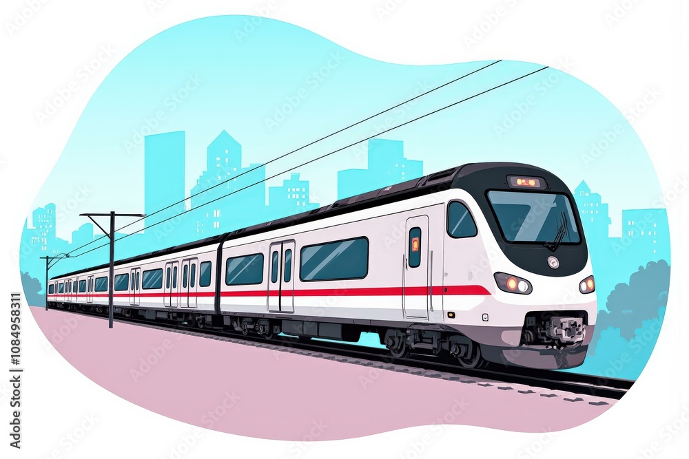 Naklejka premium Modern Commuter Train in Urban Landscape, Perfect for Transportation and Cityscape Illustrations