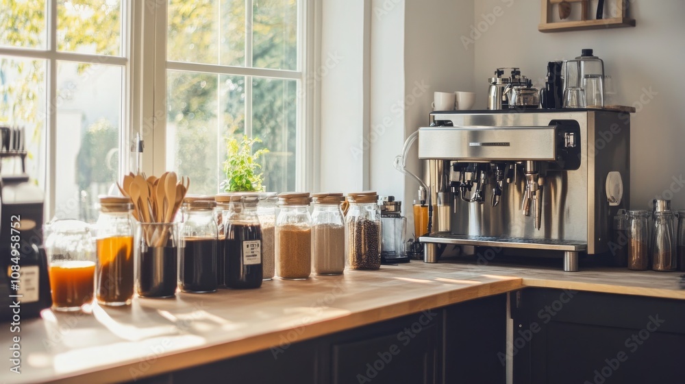 A neatly organized home brewing station with brewing equipment and ingredients, A clean, modern kitchen with natural light A neatly organized home brewing station with brewing equipment and ingredients, A clean, modern kitchen with natural light