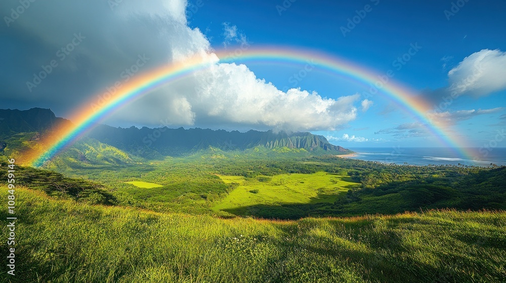 Vibrant rainbow arches over lush green valley and mountains.