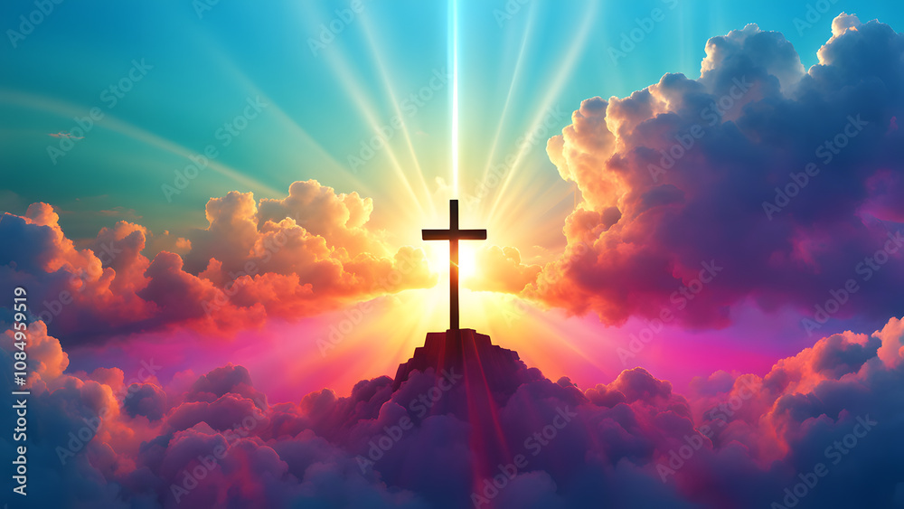 Fototapeta premium A cross is shining brightly in the sky above a cloud