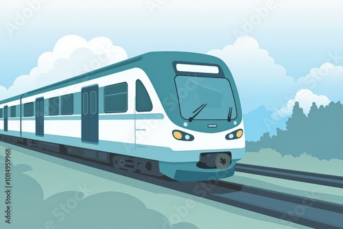 Modern Teal Train on Rails, Perfect for Transportation and Travel Themed Designs, Ideal for Digital and Print Media