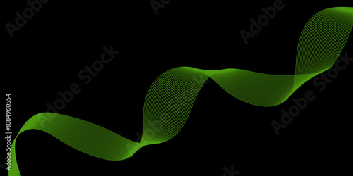 Modern multicolor wave of light is displayed on black background, Abstract wavy lines and neon glow on a black background, soundwave on a dark reflective surface.	