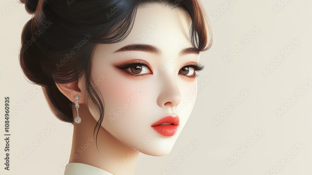 Portrait of a Young Woman with Long Black Hair and Red Lips