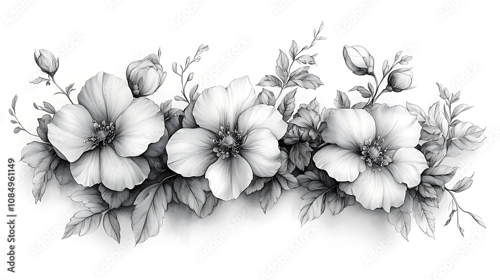 generative AI of a letter with flowers in black and white generative AI of a letter with flowers in black and white