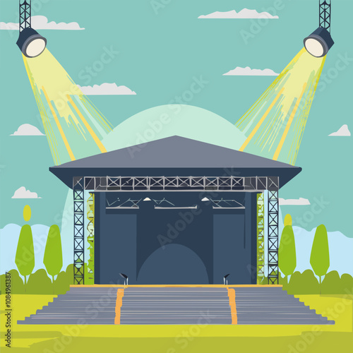Stage with spotlights. Vector illustration in flat style.