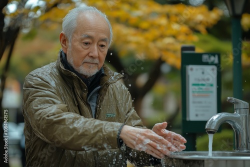 Elderly Man Practicing Hand Hygiene in Park for World Toilet Day - Soft Lighting and Clear Signage photo