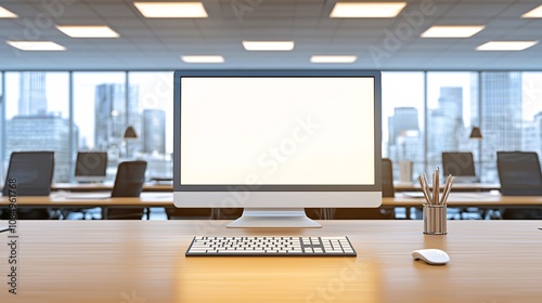 Modern Office Workspace with Blank Computer Screen