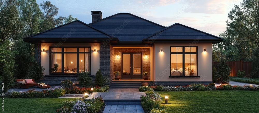 Obraz premium Modern house with stone exterior and a landscaped yard.