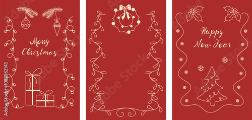 Set of hand drawn Christmas greeting cards. Christmas design with festive tree, gifts, garlands. Minimalistic doodle style posters on red background. Perfect for invitations, greeting cards, banners.