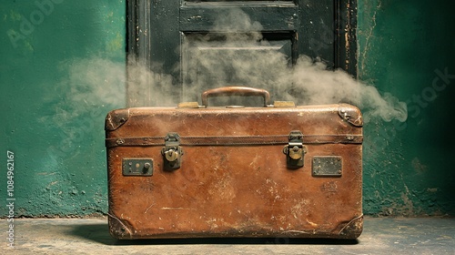 Vintage suitcase with mysterious smoke effect photo