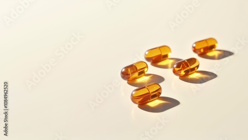 Amber Capsules Health Supplement on Beige Background