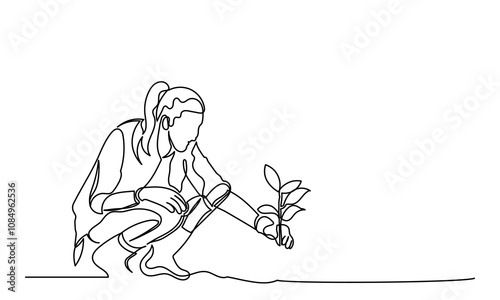 Continuous line drawing of a young girl planting tree. Volunteers and Eco-friendly lifestyle concept illustrations. Take care of the environment Line art vector isolated on a white background.