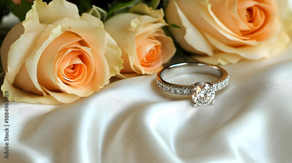 Diamond Engagement Ring on White Silk with Peach Roses Photo Diamond Engagement Ring on White Silk with Peach Roses Photo