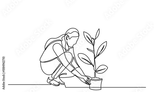 Continuous line drawing of a young girl planting tree. Volunteers and Eco-friendly lifestyle concept illustrations. Take care of the environment Line art vector isolated on a white background.
