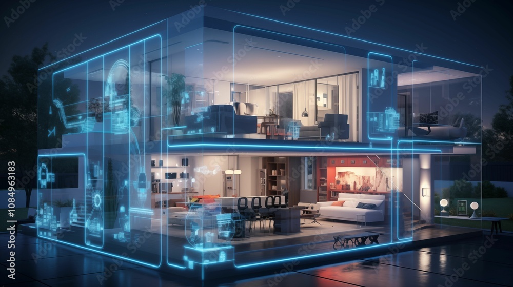 Futuristic modern smart house with hologram. Generative ai