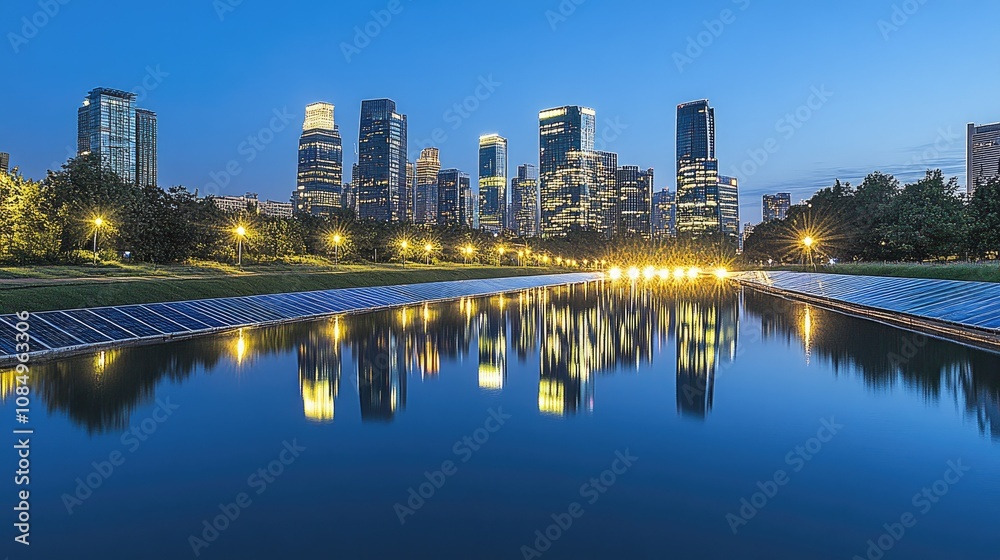 Naklejka premium A bright city skyline powered by renewable energy, reflecting modern energy investment trends.