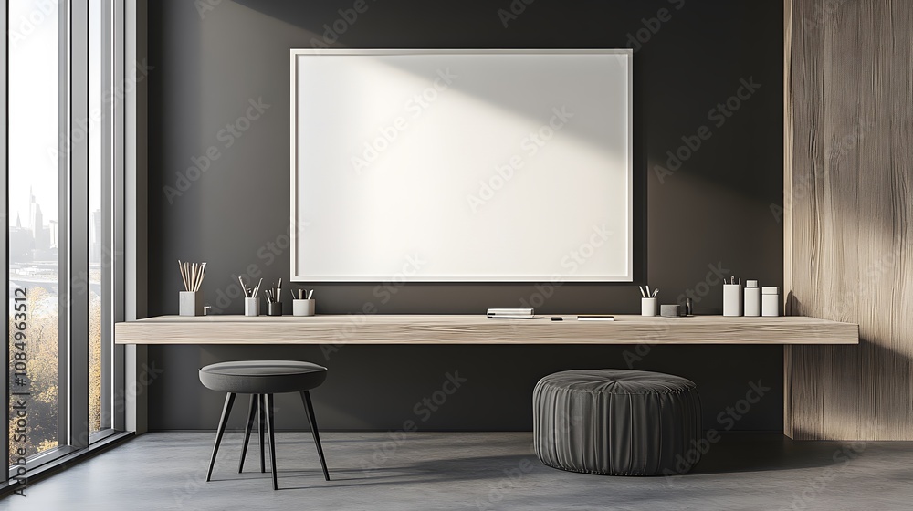 Modern Minimalist Home Office Desk Workspace with Large Blank Canvas