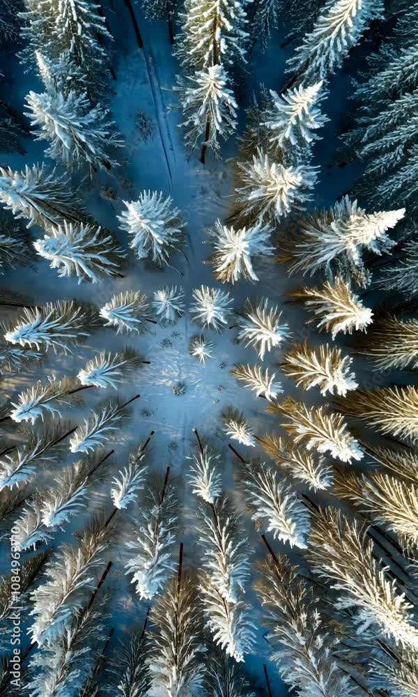 Symmetrical Aerial View of Snow-Covered Pine Forest Symmetrical Aerial View of Snow-Covered Pine Forest