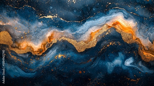 Abstract swirling patterns of blue, gold, and orange resembling cosmic or fluid art.