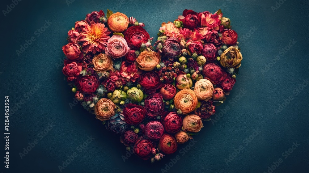 A collection of fresh, colorful blooms shaped into a heart on a blue canvas, symbolizing love and beauty. A collection of fresh, colorful blooms shaped into a heart on a blue canvas, symbolizing love and beauty.