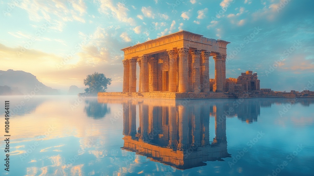 Obraz premium Serene sunrise over ancient temple reflected in still water.