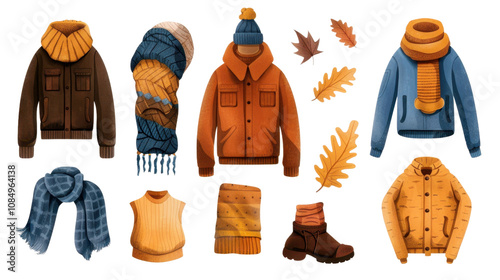 Male set of autumn cozy clothes on white transparent background

 photo