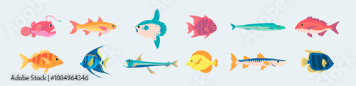 Set of Seawater Fish Illustrations.