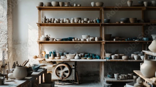 A peaceful pottery studio with wheels and tools arranged neatly, Ceramic works in progress on shelves, Artistic studio photography style