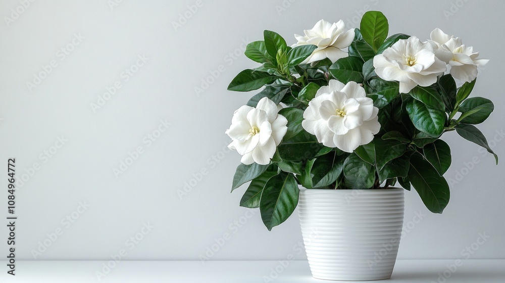Potted gardenia with white flowers and green leaves. Potted gardenia with white flowers and green leaves.