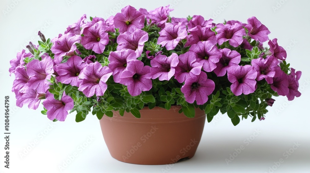 Fototapeta premium Lush purple petunias in a terracotta pot.