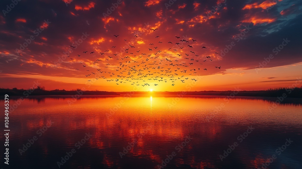 Naklejka premium Fiery sunset over calm lake, birds in flight.