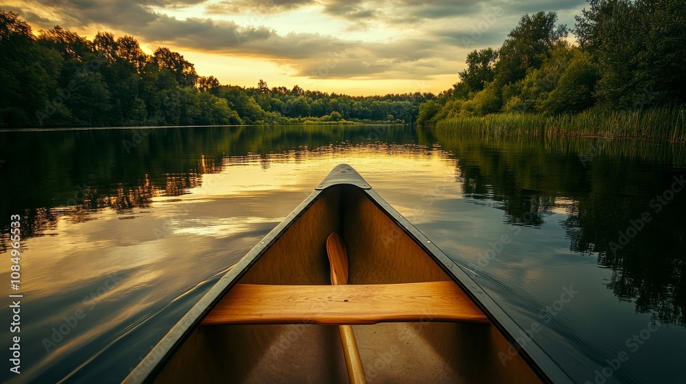 Fototapeta premium A picturesque canoeing adventure on a peaceful river, Canoe and paddles set against serene waters, River expedition style