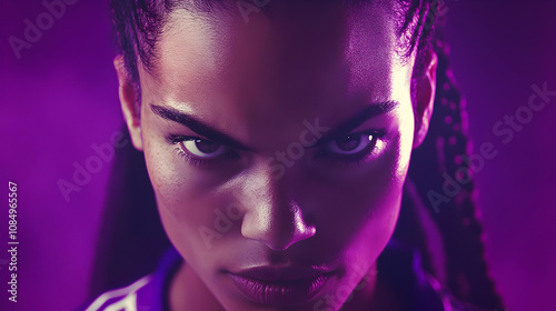 Close-up Portrait of a Woman with Purple Lighting