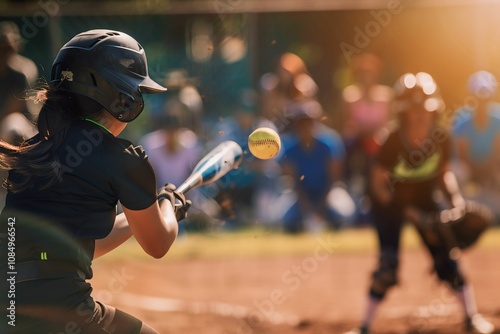 Action shot of young female softball player preparing to swing at a pitch during a game on a sunlit field with an audience in the background