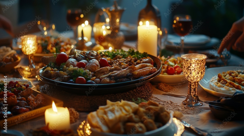 Festive Dinner Table with Diverse Dishes Festive Dinner Table with Diverse Dishes